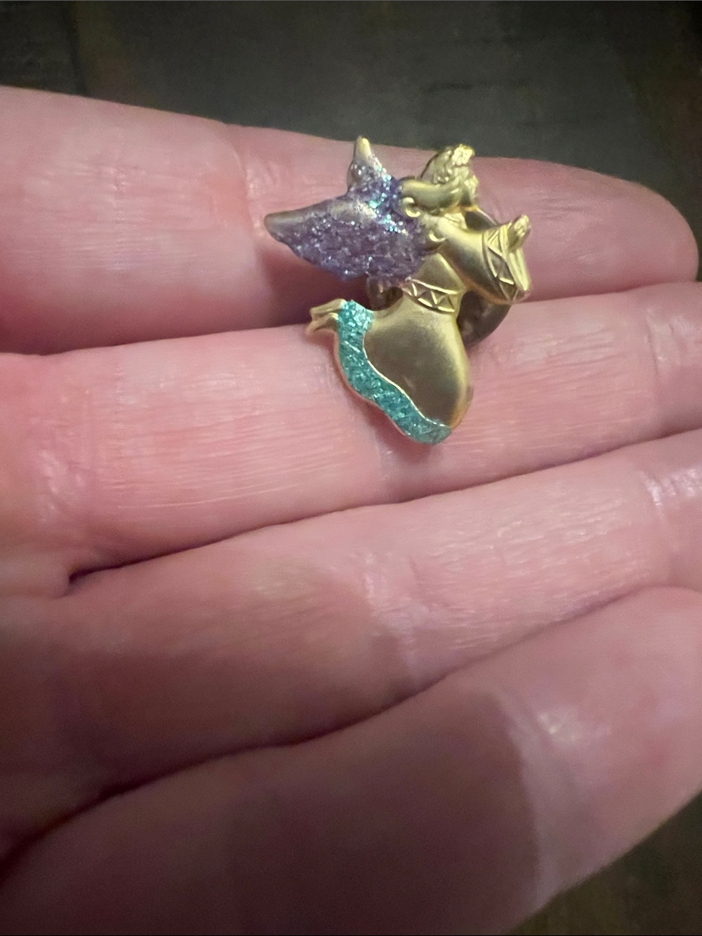 Gold Tone angel Pin with Purple and Teal Glitter